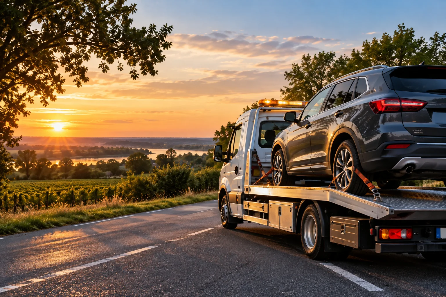 Dépanneuse et voiture en intervention sur une route du Nord-Gironde