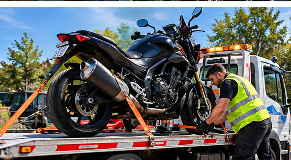 Moto sécurisée sur le plateau d’une dépanneuse