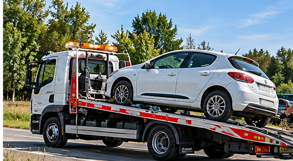 Dépanneuse plateau transportant une voiture