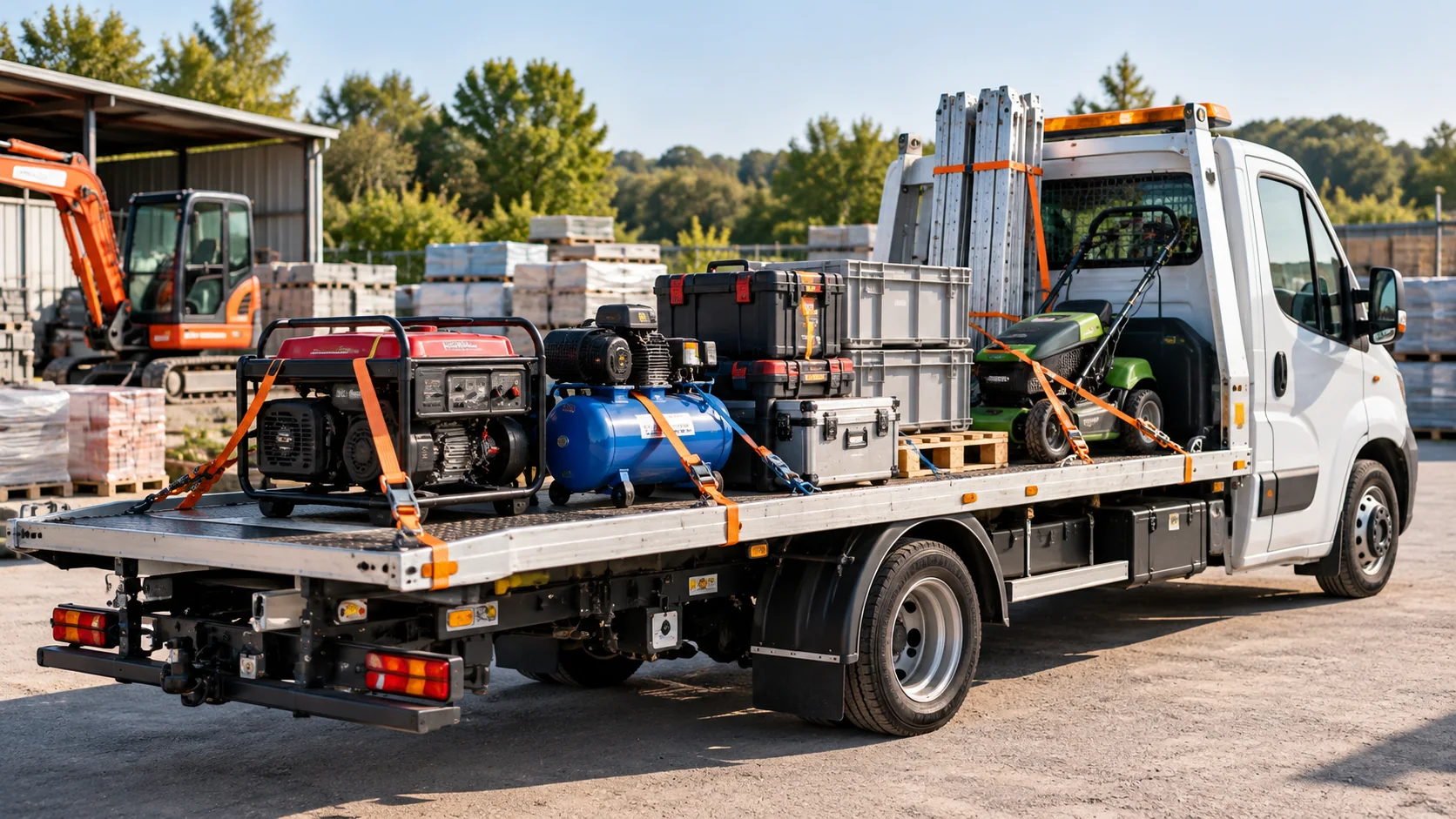 Dépanneuse à plateau transportant du matériel professionnel arrimé